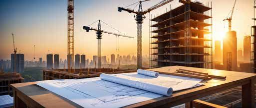 Blueprints on a desk overlooking a construction site at sunset