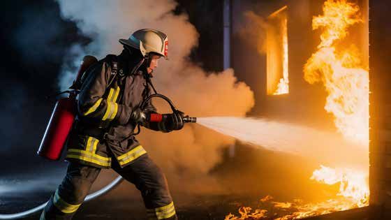 Firefighter spraying a fire